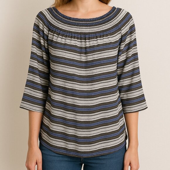 J. Jill Striped Relaxed Fit Blouse Women's Small Smocked‎ Neck Blue White - Picture 1 of 10